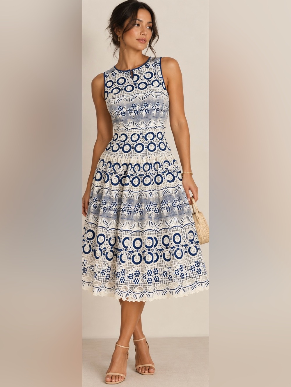 Plenty by Tracey Reese Sleeveless Navy & Cream Lace Fit-&Flare Midi Dress Sz 4
